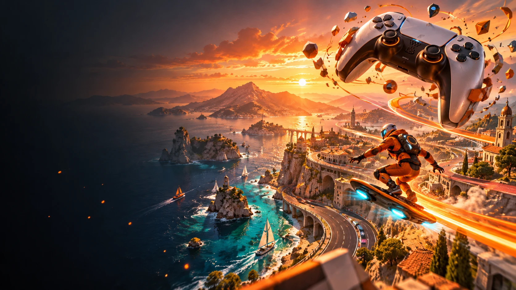 Illustrazione originale Vaydrift: un esploratore su hoverboard, un controller sospeso e una costa mediterranea al tramonto